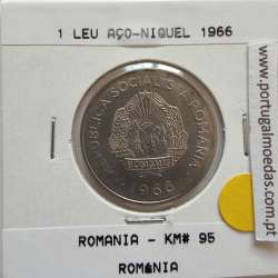 Roménia 1 Leu 1966 Aço-níquel, World Coins Romania KM 95, coin of 1 leu 1966 Nickel clad steel