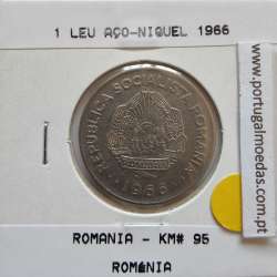 Roménia 1 Leu 1966 Aço-níquel, World Coins Romania KM 95, coin of 1 leu 1966 Nickel clad steel