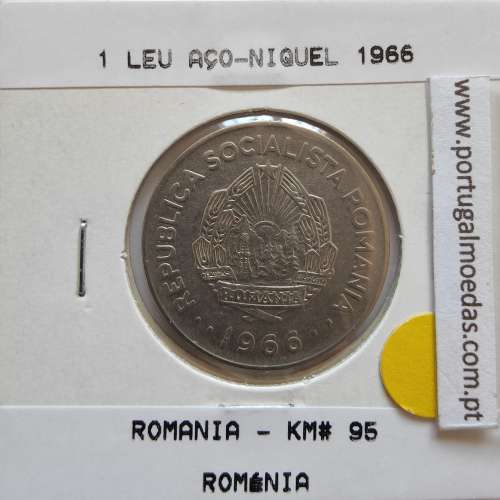 Roménia 1 Leu 1966 Aço-níquel, World Coins Romania KM 95, coin of 1 leu 1966 Nickel clad steel