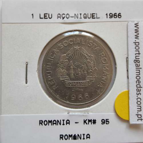 Roménia 1 Leu 1966 Aço-níquel, World Coins Romania KM 95, coin of 1 leu 1966 Nickel clad steel