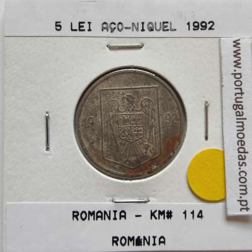 Roménia 5 Lei 1992 Aço-níquel, World Coins Romania KM 114, coin of 5 lei 1992 Nickel plated steel
