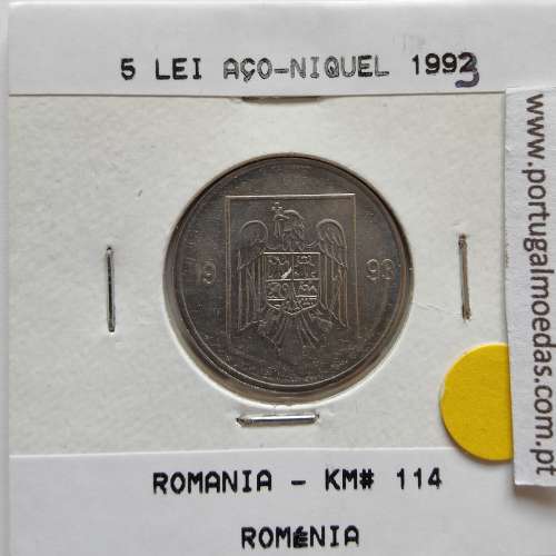 Roménia 5 Lei 1993 Aço-níquel, World Coins Romania KM 114, coin of 5 lei 1993 Nickel plated steel