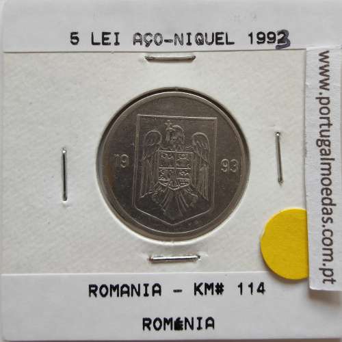 Roménia 5 Lei 1993 Aço-níquel, World Coins Romania KM 114, coin of 5 lei 1993 Nickel plated steel