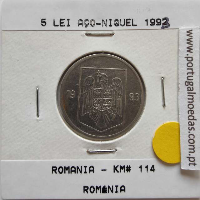 Roménia 5 Lei 1993 Aço-níquel, World Coins Romania KM 114, coin of 5 lei 1993 Nickel plated steel