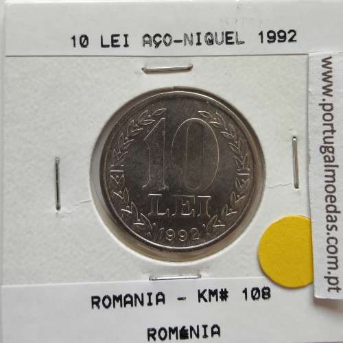 Roménia 10 Lei 1992 Aço-níquel, World Coins Romania KM 108, coin of 10 lei 1992 Nickel clad steel