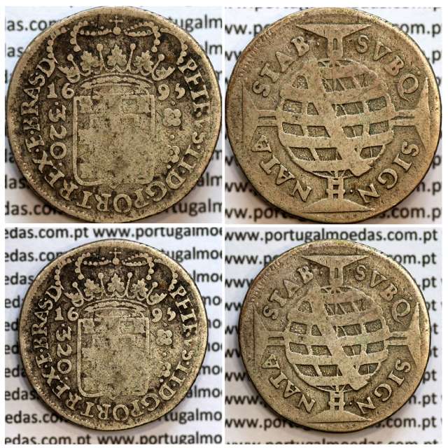 320 Réis 1695 prata de D. Pedro II, Brasil, Pataca prata 1695 Casa Moeda de Bahia, Brasil, World Coins Brasil KM 81.1