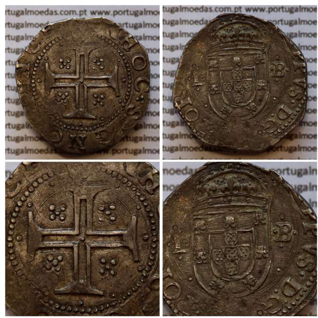 Tostão Prata de D. Filipe II 1598-1621, Muito Rara, Única moeda conhecida com Reverso Cruz cercada por 12 pontos separados