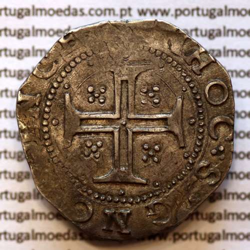 Tostão Prata de D. Filipe II 1598-1621, Muito Rara, Única moeda conhecida com Reverso Cruz cercada por 12 pontos separados
