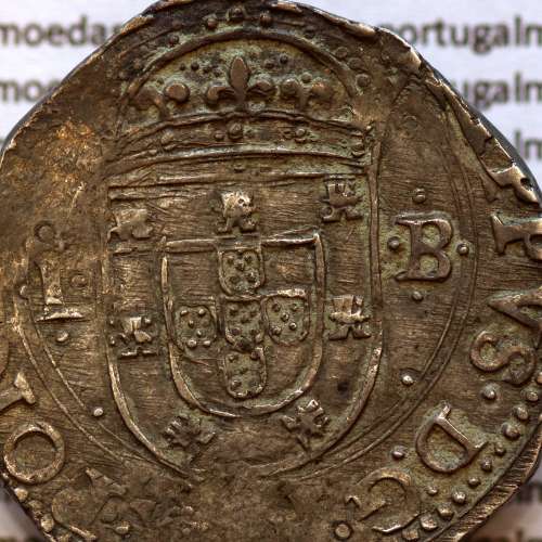 Tostão Prata de D. Filipe II 1598-1621, Muito Rara, Única moeda conhecida com Reverso Cruz cercada por 12 pontos separados