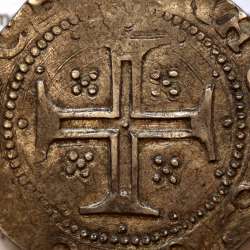 Tostão Prata de D. Filipe II 1598-1621, Muito Rara, Única moeda conhecida com Reverso Cruz cercada por 12 pontos separados