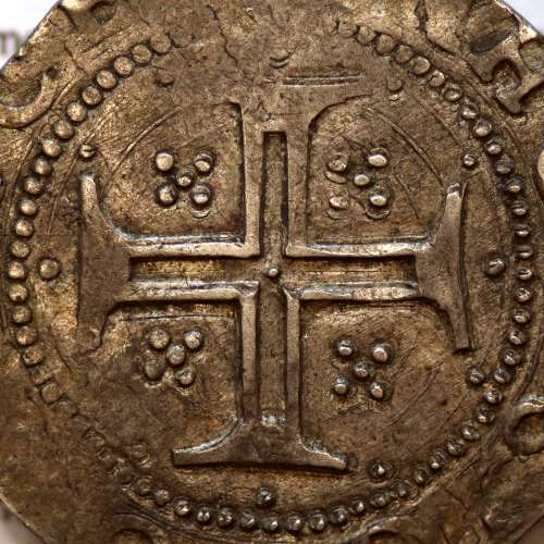Tostão Prata de D. Filipe II 1598-1621, Muito Rara, Única moeda conhecida com Reverso Cruz cercada por 12 pontos separados