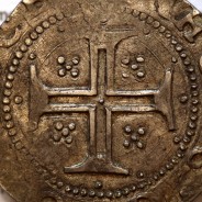 Tostão Prata de D. Filipe II 1598-1621, Muito Rara, Única moeda conhecida com Reverso Cruz cercada por 12 pontos separados