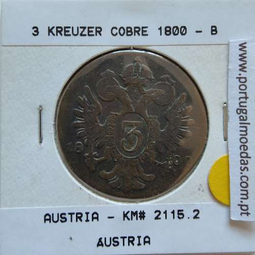 Áustria 3 Kreuzer 1800-B cobre, World Coins Áustria  KM 2115, coin of 3 Kreuzer 1800 Copper