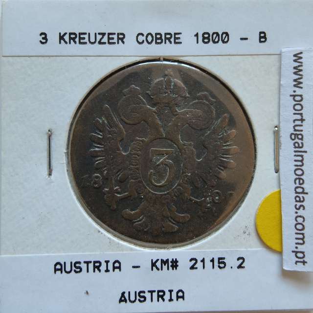 Áustria 3 Kreuzer 1800-B cobre, World Coins Áustria  KM 2115, coin of 3 Kreuzer 1800 Copper
