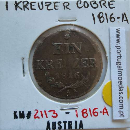 Áustria 1 Kreuzer 1816-A cobre, World Coins Áustria  KM 2113, coin of 1 Kreuzer 1816 Copper