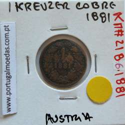 Áustria 1 Kreuzer 1881 cobre, World Coins Áustria  KM 2186, coin of 1 Kreuzer 1881 Copper