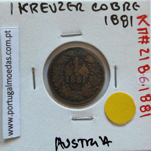 Áustria 1 Kreuzer 1881 cobre, World Coins Áustria  KM 2186, coin of 1 Kreuzer 1881 Copper