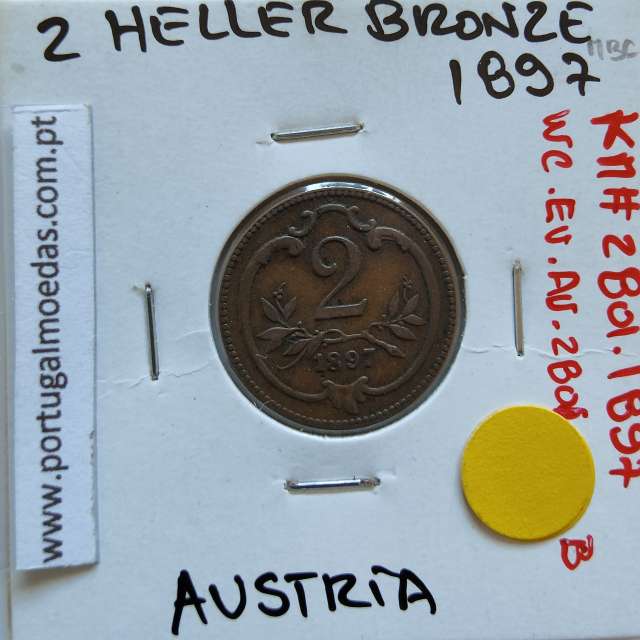 Áustria 2 Heller 1897 cobre, World Coins Áustria  KM 2801, coin of 2 heller 1897 Copper