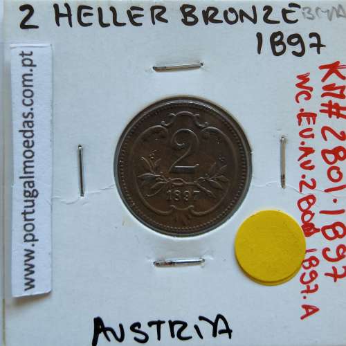 Áustria 2 Heller 1897 cobre, World Coins Áustria  KM 2801, coin of 2 heller 1897 Copper