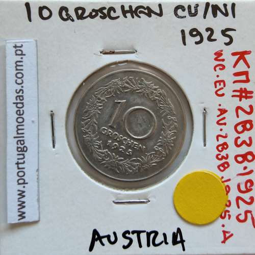 Áustria 10 Groschen 1925 Cupro niquel, World Coins Austria KM 2838, coin of 2 Groschen 1925 Copper-nickel