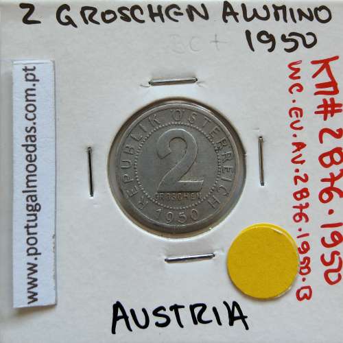 Áustria 2 Groschen 1950 Alumínio, World Coins Austria KM 2876, coin of 2 groschen 1950 Aluminium