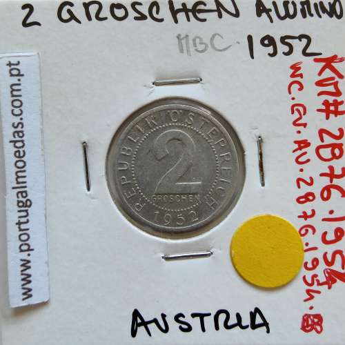 Áustria 2 Groschen 1952 Alumínio, World Coins Austria KM 2876, coin of 2 groschen 1952 Aluminium