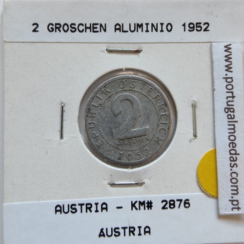 Áustria 2 Groschen 1952 Alumínio, World Coins Austria KM 2876, coin of 2 groschen 1952 Aluminium