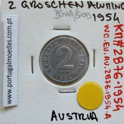 Áustria 2 Groschen 1954 Alumínio, World Coins Austria KM 2876, coin of 2 groschen 1954 Aluminium