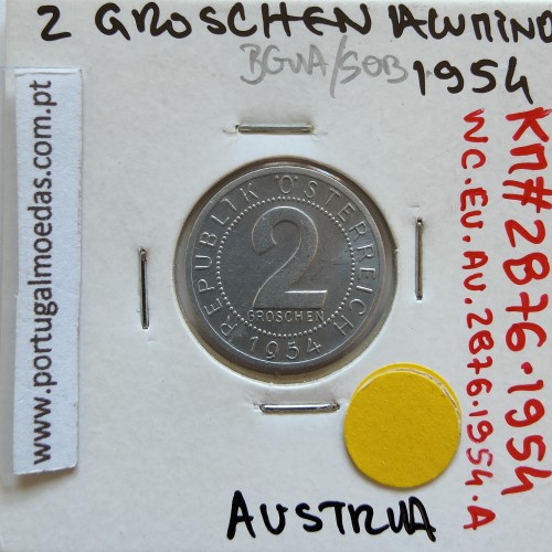 Áustria 2 Groschen 1954 Alumínio, World Coins Austria KM 2876, coin of 2 groschen 1954 Aluminium