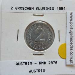 Áustria 2 Groschen 1954 Alumínio, World Coins Austria KM 2876, coin of 2 groschen 1954 Aluminium
