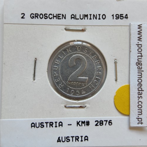 Áustria 2 Groschen 1954 Alumínio, World Coins Austria KM 2876, coin of 2 groschen 1954 Aluminium