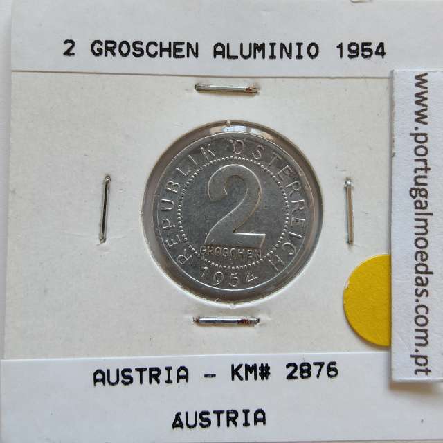 Áustria 2 Groschen 1954 Alumínio, World Coins Austria KM 2876, coin of 2 groschen 1954 Aluminium