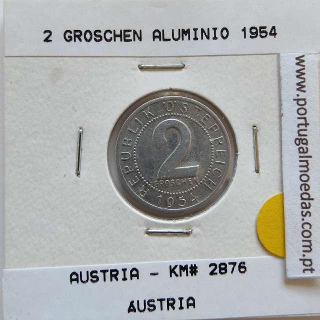Áustria 2 Groschen 1954 Alumínio, World Coins Austria KM 2876, coin of 2 groschen 1954 Aluminium