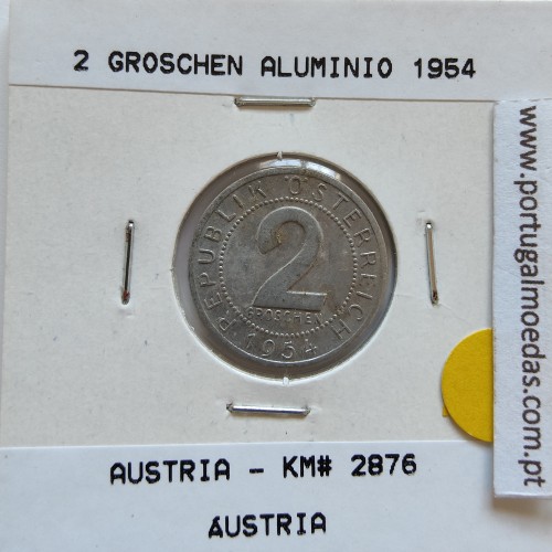 Áustria 2 Groschen 1954 Alumínio, World Coins Austria KM 2876, coin of 2 groschen 1954 Aluminium