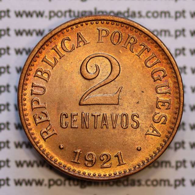 Portugal, bronze coin of 2 centavos 1921, $02 centavos 1921 Portuguese Republic, (UNC), World Coins Portugal KM 568