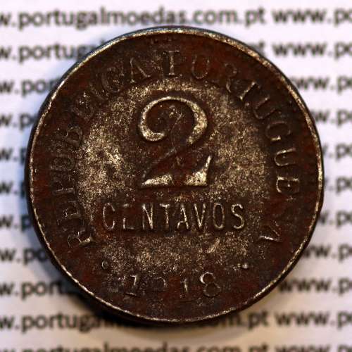 2 centavos 1918 Ferro, "$02 centavos 1918 Ferro Republica Portuguesa", (MBC+/Bela), World Coins Portugal KM 567