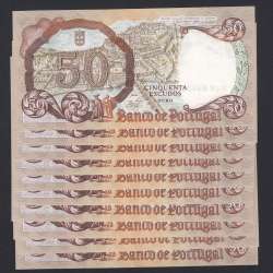 LOTE DE 10 NOTAS COM NÚMEROS SEGUIDOS - 50 ESCUDOS 1964 ( MUITO POUCO CIRCULADAS ) Ch.8  RAINHA SANTA ISABEL - (28/02/1964)