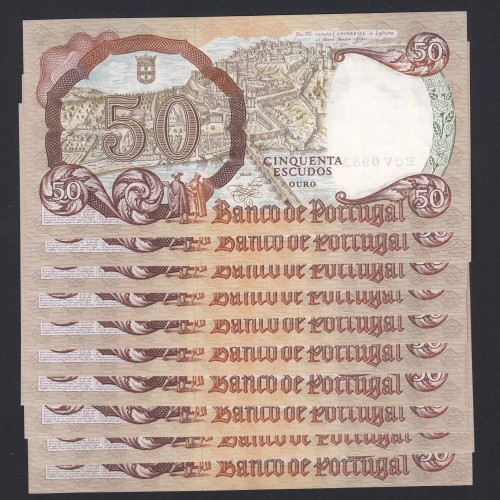 LOTE DE 10 NOTAS COM NÚMEROS SEGUIDOS - 50 ESCUDOS 1964 ( MUITO POUCO CIRCULADAS ) Ch.8  RAINHA SANTA ISABEL - (28/02/1964)