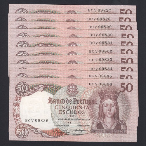 LOTE DE 10 NOTAS COM NÚMEROS SEGUIDOS - 50 ESCUDOS 1964 ( MUITO POUCO CIRCULADAS ) Ch.8  RAINHA SANTA ISABEL - (28/02/1964)