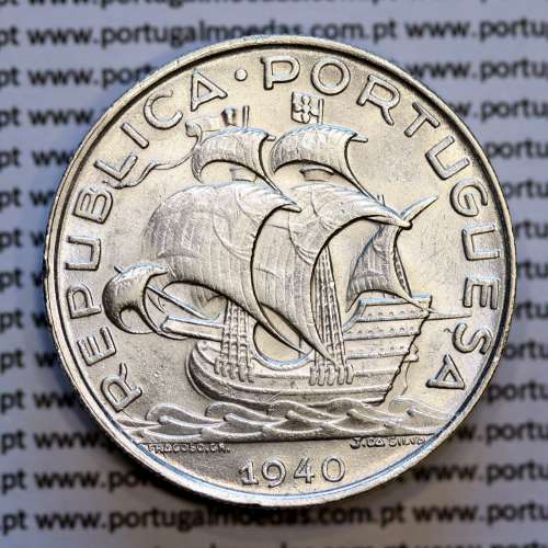 Portuguese silver coin of 10 Escudos 1940, 10$00 silver 1940 of the Portuguese Republic, (VF+/XF), World Coins Portugal KM 582