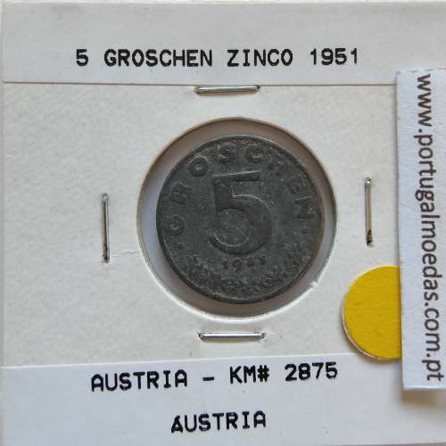 Áustria 5 Groschen 1951 Zinco, World Coins Austria KM 2875, coin of 5 groschen 1951 zinc
