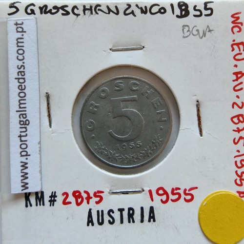 Áustria 5 Groschen 1955 Zinco, World Coins Austria KM 2875, coin of 5 groschen 1955 zinc