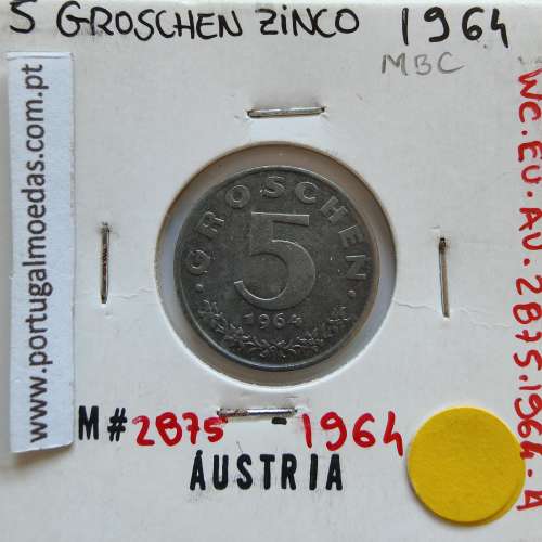 Áustria 5 Groschen 1964 Zinco, World Coins Austria KM 2875, coin of 5 groschen 1964 zinc