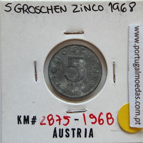 Áustria 5 Groschen 1968 Zinco, World Coins Austria KM 2875, coin of 5 groschen 1968 zinc