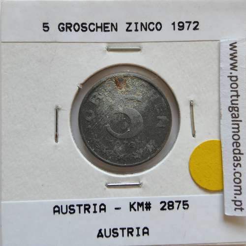 Áustria 5 Groschen 1972 Zinco, World Coins Austria KM 2875, coin of 5 groschen 1972 zinc