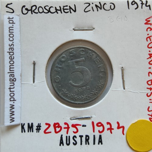 Áustria 5 Groschen 1974 Zinco, World Coins Austria KM 2875, coin of 5 groschen 1974 zinc