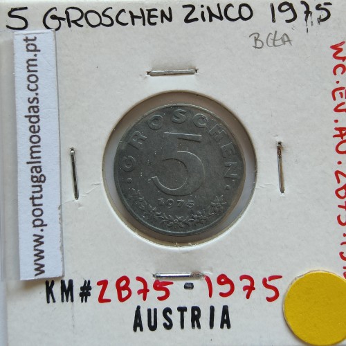 Áustria 5 Groschen 1975 Zinco, World Coins Austria KM 2875, coin of 5 groschen 1975 zinc