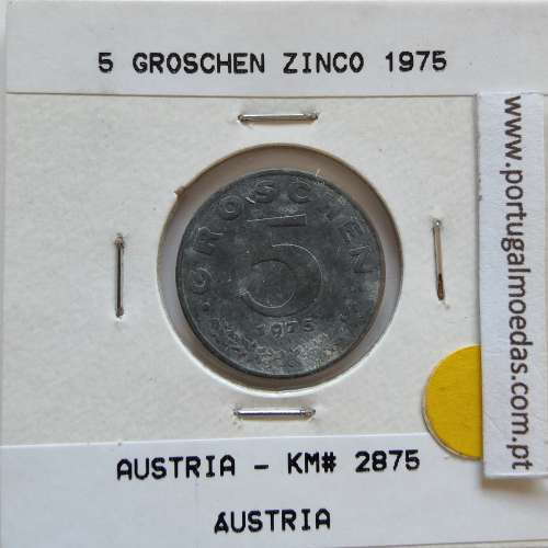 Áustria 5 Groschen 1975 Zinco, World Coins Austria KM 2875, coin of 5 groschen 1975 zinc