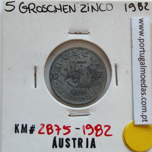 Áustria 5 Groschen 1982 Zinco, World Coins Austria KM 2875, coin of 5 groschen 1982 zinc