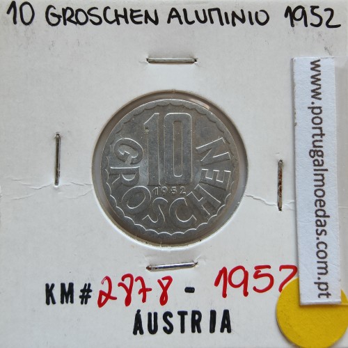 Áustria 10 Groschen 1952 Alumínio, World Coins Austria KM 2878, coin of 10 groschen 1952 Aluminium